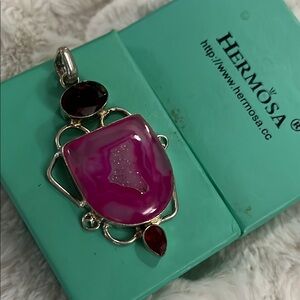 Pink druzy Red garnet silver Pendant chunky Bali 925 Sterling Hermosa NEW